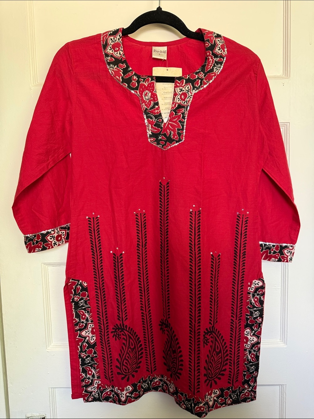 Suvasa‎ Red Embroidered Long-Sleeve Tunic Dress with Black Floral Trim
